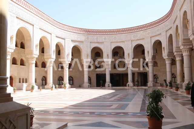 The outer courtyard of a mosque in the Kingdom of Saudi Arabia, the exterior decorations and designs of mosques, places for obedience and closeness to God, Islamic matters and worship, architectural engineering art in the Arab-Islamic style
