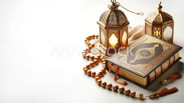 القرآن الكريم والسبحة الخرز بجانب فانوس عربي معدني مزخرف مضيء، أجواء رمضانية وروحانية إسلامية، فوانيس وتحف تقليدية للاحتفال بقدوم شهر رمضان المبارك، زينة وديكورات الاعياد والمناسبات الدينية، خلفية بيضاء