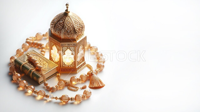 القرآن الكريم والسبحة الخرز بجانب فانوس عربي معدني مزخرف مضيء، أجواء رمضانية وروحانية إسلامية، فوانيس وتحف تقليدية للاحتفال بقدوم شهر رمضان المبارك، زينة وديكورات الاعياد والمناسبات الدينية، خلفية بيضاء