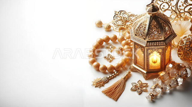 فانوس عربي معدني مزخرف مضيء بجانب سبحة من الخرز، فوانيس وتحف تقليدية للاحتفال بقدوم شهر رمضان المبارك، أجواء رمضانية وروحانية إسلامية، زينة وديكورات الاعياد والمناسبات الدينية، خلفية بيضاء