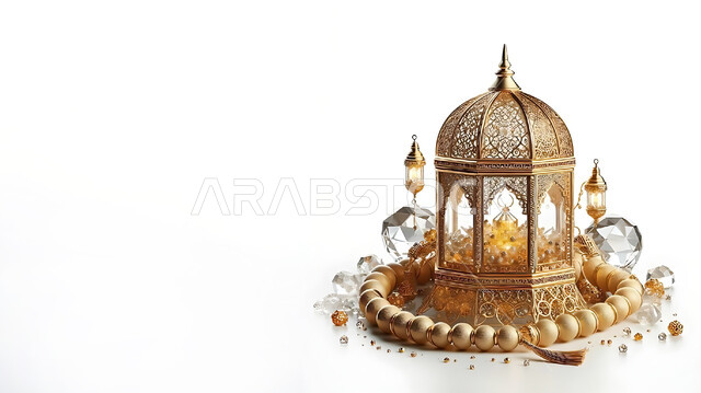 Traditional lanterns and antiques to celebrate the advent of the holy month of Ramadan, a Ramadan and Islamic spiritual atmosphere, decorations and decorations for holidays and religious occasions, a luminous decorative metal Arabic lantern next to a rosary of beads, a white background.