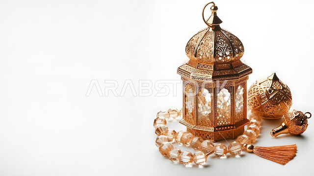 Traditional lanterns and antiques to celebrate the advent of the holy month of Ramadan, a Ramadan and Islamic spiritual atmosphere, decorations and decorations for holidays and religious occasions, a luminous decorative metal Arabic lantern next to a rosary of beads, a white background.