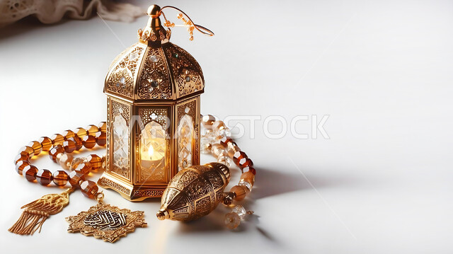 فانوس عربي معدني مزخرف مضيء بجانب سبحة من الخرز، فوانيس وتحف تقليدية للاحتفال بقدوم شهر رمضان المبارك، أجواء رمضانية وروحانية إسلامية، زينة وديكورات الاعياد والمناسبات الدينية، خلفية بيضاء
