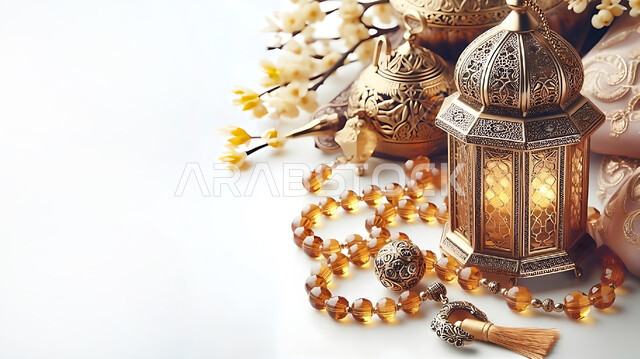 فانوس عربي معدني مزخرف مضيء بجانب سبحة من الخرز، فوانيس وتحف تقليدية للاحتفال بقدوم شهر رمضان المبارك، أجواء رمضانية وروحانية إسلامية، زينة وديكورات الاعياد والمناسبات الدينية، خلفية بيضاء