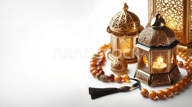 أجواء رمضانية وروحانية إسلامية، فوانيس وتحف تقليدية للاحتفال بقدوم شهر رمضان المبارك، زينة وديكورات الاعياد والمناسبات الدينية، فانوس عربي معدني مزخرف مضيء بجانب سبحة من الخرز، خلفية بيضاء
