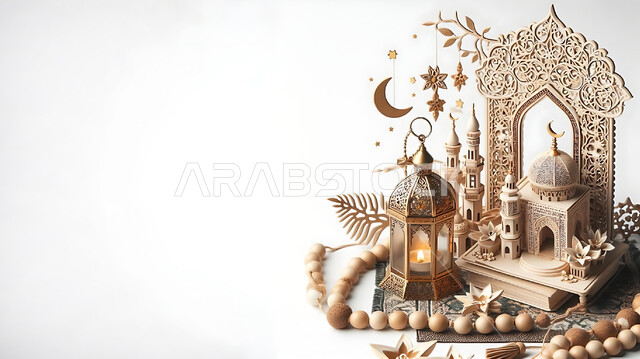 Traditional lanterns and antiques to celebrate the advent of the holy month of Ramadan, a Ramadan and Islamic spiritual atmosphere, decorations and decorations for holidays and religious occasions, a luminous decorative metal Arabic lantern next to a rosary of beads, a white background.