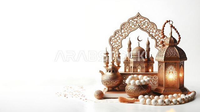 فانوس عربي معدني مزخرف مضيء بجانب سبحة من الخرز، فوانيس وتحف تقليدية للاحتفال بقدوم شهر رمضان المبارك، أجواء رمضانية وروحانية إسلامية، زينة وديكورات الاعياد والمناسبات الدينية، خلفية بيضاء