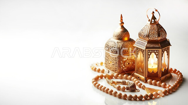 أجواء رمضانية وروحانية إسلامية، فوانيس وتحف تقليدية للاحتفال بقدوم شهر رمضان المبارك، زينة وديكورات الاعياد والمناسبات الدينية، فانوس عربي معدني مزخرف مضيء بجانب سبحة من الخرز، خلفية بيضاء