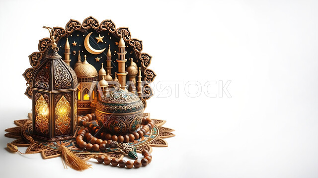 فوانيس وتحف تقليدية للاحتفال بقدوم شهر رمضان المبارك، أجواء رمضانية وروحانية إسلامية، زينة وديكورات الاعياد والمناسبات الدينية، فانوس عربي معدني مزخرف مضيء بجانب سبحة من الخرز، خلفية بيضاء