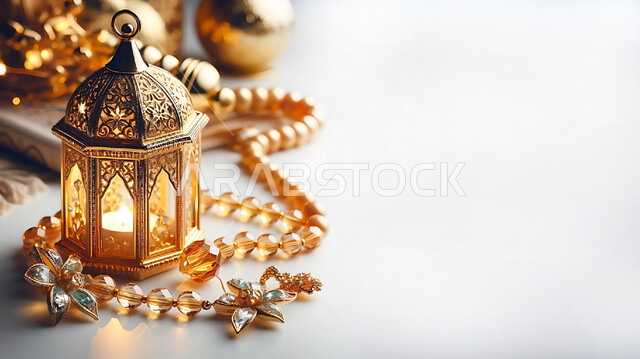 فانوس عربي معدني مزخرف مضيء بجانب سبحة من الخرز، فوانيس وتحف تقليدية للاحتفال بقدوم شهر رمضان المبارك، أجواء رمضانية وروحانية إسلامية، زينة وديكورات الاعياد والمناسبات الدينية، خلفية بيضاء