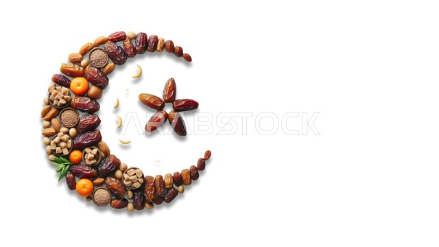 مجموعة من التمور والمكسرات والفواكه المجففة على شكل هلال، ضيافة رمضانية لذيذة صحية، منتجات ومحاصيل زراعية محلية وطنية سعودية، الاستعداد والتجهيز لاستقبال شهر رمضان المبارك، خلفية بيضاء