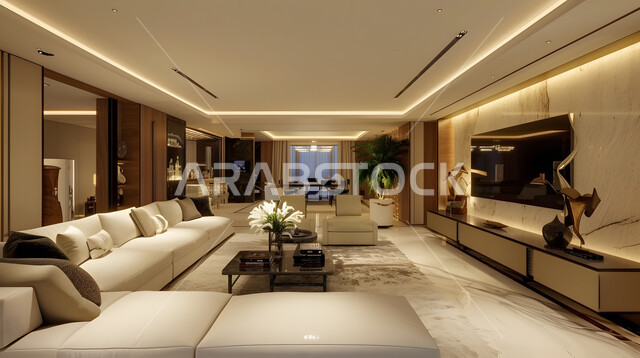 Living rooms with modern, luxurious designs, antiques, accessories and upscale home furniture, residential apartments and villas in Saudi Arabia, elegant interior decorations, a living room with a white sofa and pillows