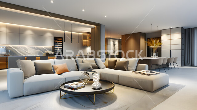 ديكورات داخليه أنيقة، غرفة جلوس مع أريكة ووسائد بيضاء اللون, غرف معيشه بتصاميم عصرية حديثه فاخرة، تحف و إكسسوارات وأثاث منزلي راقي، شقق وفلل سكنية في السعودية