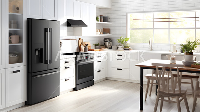 مطبخ بديكورات داخلية عصرية فاخرة، فنون الهندسة المعمارية المتميزة الحديثة، شقق وفلل سكنية راقية في السعودية، أدوات كهربائية متطورة بتقنيات عالية، استخدام الطراز الفني الانيق في الأثاث المنزلي