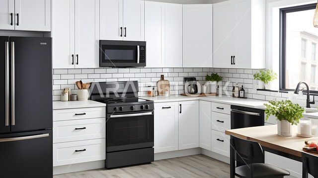 Upscale residential apartments and villas in Saudi Arabia, advanced electrical appliances with high technologies, the use of elegant artistic style in home furniture, a kitchen with luxurious modern interiors, distinguished modern architectural arts.
