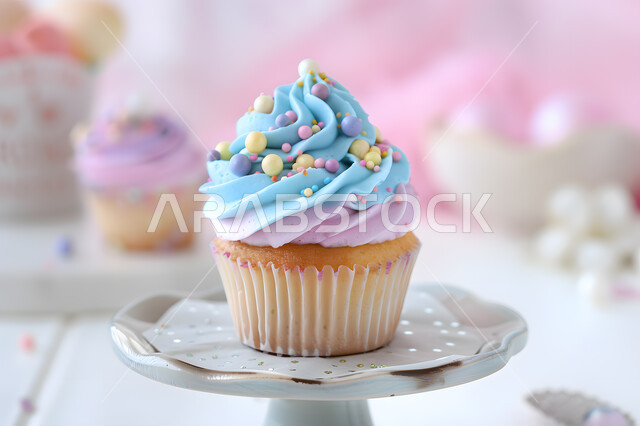 معجنات طازجة مخبوزة في الفرن، صورة مقربة لقطعة الكاب كيك الشهي المزينة بالكريمة المخفوقة، أطعمة وحلويات لذيذة، مأكولات غنية بالسكريات والسعرات الحرارية