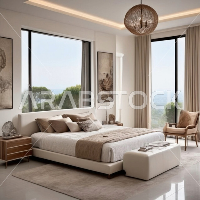 غرف بتصاميم داخلية عصرية فاخرة، فلل وشقق سكنية بديكورات متطورة، فنون الهندسة المعمارية والديكور في الفنادق والمنتجعات المصممة بالطرق الحديثة، سرير ووسائد مريحة، أثاث منزلي راقي وأنيق،  تصميم داخلي لغرفة نوم بأسلوب حديث