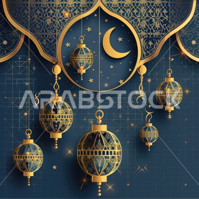 فوانيس عربية تقليدية معدنية معلقة بجانب الهلال، بطاقة معايدة وتهنئة للإحتفال بقدوم شهر رمضان، أجواء رمضانية روحانية, ديكورات وأنوار اسلامية، إضاءة وزينة شهر رمضان المبارك، تحف رمضانية ثلاثية الأبعاد، خلفيات اسلامية 