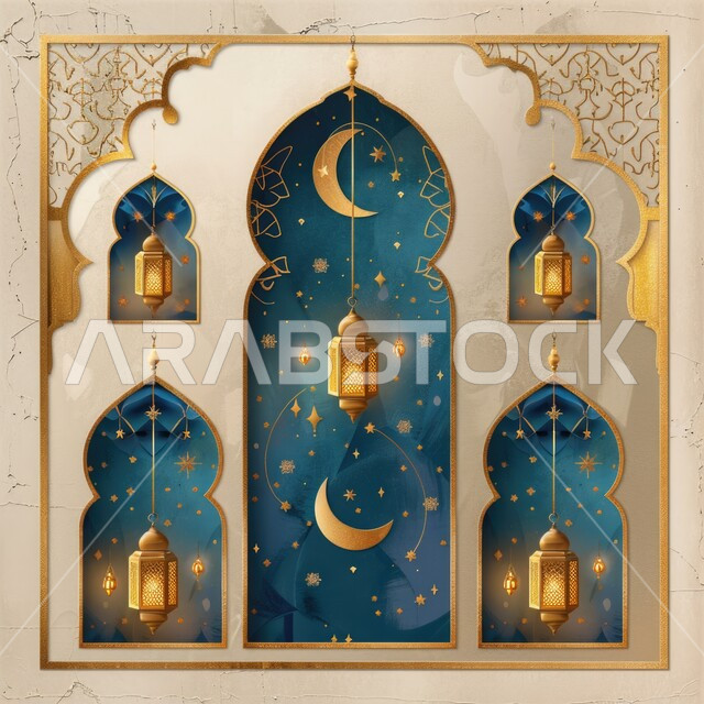 A spiritual Ramadan atmosphere, Islamic decorations and lights, traditional Arabic metal lanterns hanging next to the crescent, a greeting card and congratulations to celebrate the advent of the month of Ramadan, lighting and decorations for the holy month of Ramadan, three-dimensional Ramadan antiques, Islamic backgrounds.
