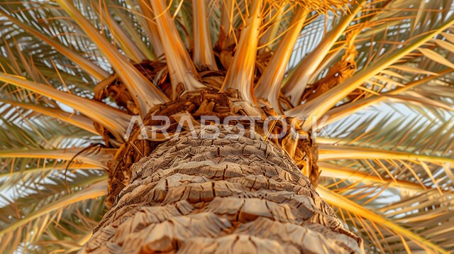  صورة مقربة لجذع شجرة النخل في النهار، حقول واراضي زراعيه، منتج عربي محلي وطني، محميه طبيعيه لزراعة محصول التمر والرطب السعودي، مزارع وواحات النخيل الخضراء في المملكة العربية السعودية