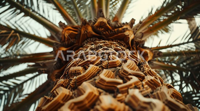  صورة مقربة لجذع شجرة النخل في النهار، حقول واراضي زراعيه، منتج عربي محلي وطني، محميه طبيعيه لزراعة محصول التمر والرطب السعودي، مزارع وواحات النخيل الخضراء في المملكة العربية السعودية
