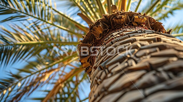  صورة مقربة لجذع شجرة النخل في النهار، حقول واراضي زراعيه، منتج عربي محلي وطني، محميه طبيعيه لزراعة محصول التمر والرطب السعودي، مزارع وواحات النخيل الخضراء في المملكة العربية السعودية