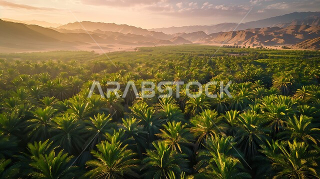 A natural reserve for growing palm trees during the day, agricultural fields and lands, a national local Arab product, the Saudi date and dates crop, an aerial photo of green palm farms in the Kingdom of Saudi Arabia