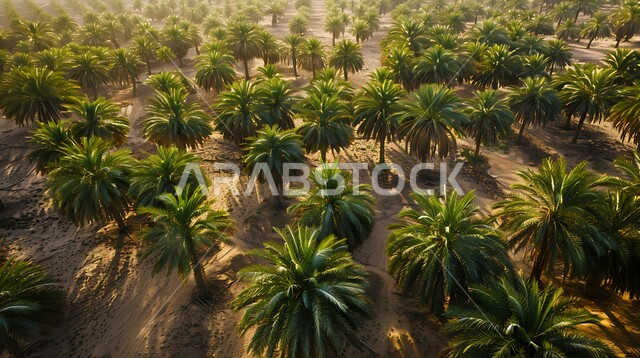 محميه طبيعيه لزراعة اشجار النخل في النهار، حقول واراضي زراعيه، منتج عربي محلي وطني، محصول التمر والرطب السعودي، صورة جوية لمزارع النخيل الخضراء في المملكة العربية السعودية