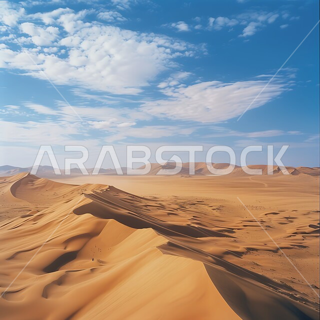 الهضاب و التلال من الرمال الناعمة في الربع الخالي، التكوينات والتشكلات الرملية في صحراء المملكة العربية السعودية، التضاريس و المرتفعات والقمم الجبلية في البراري، مناطق البادية والبيئة الطبيعية الصحراوية في النهار، خلفية الطبيعة