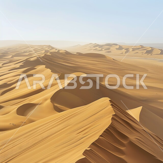 الهضاب و التلال من الرمال الناعمة في الربع الخالي، التكوينات والتشكلات الرملية في صحراء المملكة العربية السعودية، التضاريس و المرتفعات والقمم الجبلية في البراري، مناطق البادية والبيئة الطبيعية الصحراوية في النهار، خلفية الطبيعة