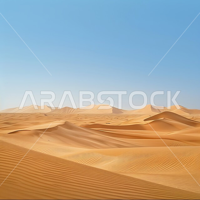 الهضاب و التلال من الرمال الناعمة في الربع الخالي، التكوينات والتشكلات الرملية في صحراء المملكة العربية السعودية، التضاريس و المرتفعات والقمم الجبلية في البراري، مناطق البادية والبيئة الطبيعية الصحراوية في النهار، خلفية الطبيعة