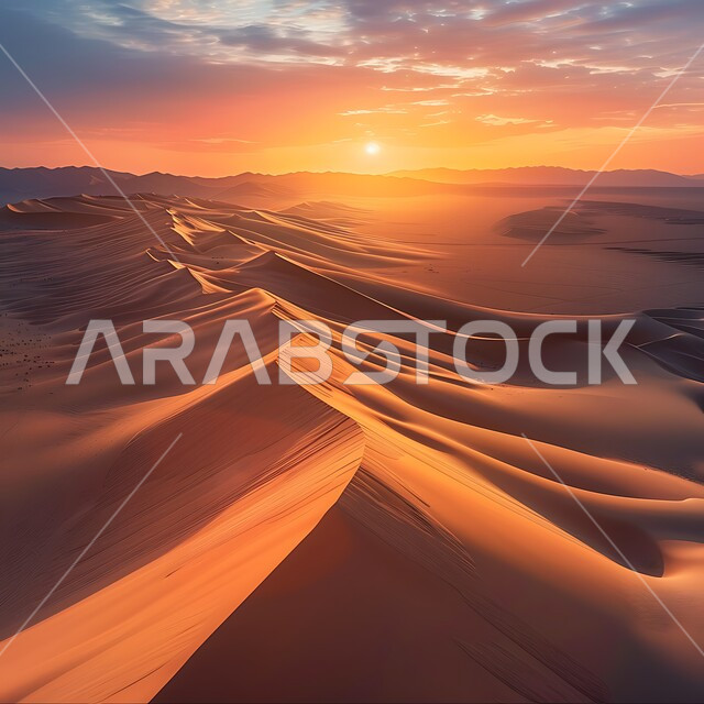 Sunset over the desert regions and the natural desert environment, terrain, heights and mountain peaks in the prairies, sand formations and formations in the desert of the Kingdom of Saudi Arabia, plateaus and hills of soft golden sand, nature background