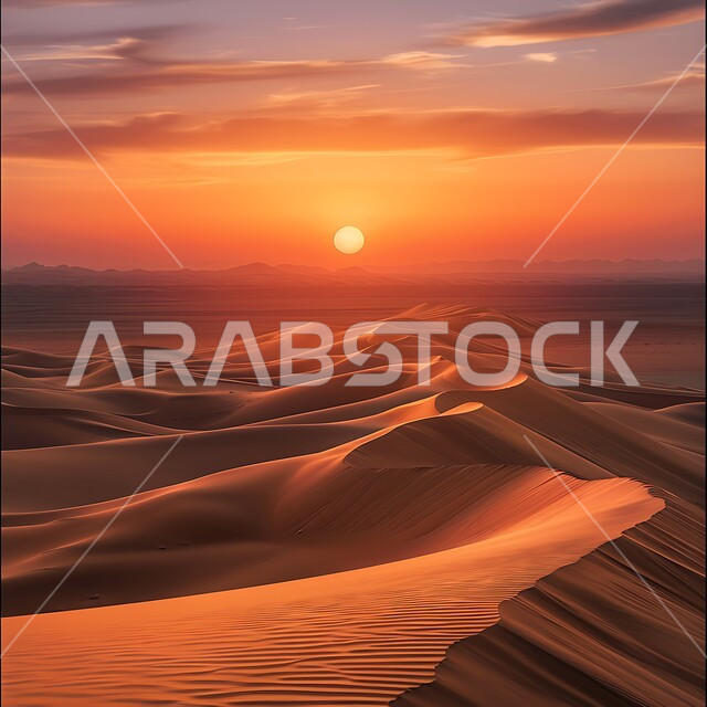 غروب الشمس فوق مناطق البادية والبيئة الطبيعية الصحراوية، التضاريس و المرتفعات والقمم الجبلية في البراري، التكوينات والتشكلات الرملية في صحراء المملكة العربية السعودية، الهضاب و التلال من الرمال الناعمة الذهبية، خلفية الطبيعة