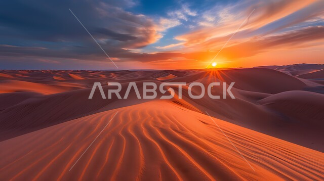 غروب الشمس فوق مناطق البادية والبيئة الطبيعية الصحراوية، التضاريس و المرتفعات والقمم الجبلية في البراري، التكوينات والتشكلات الرملية في صحراء المملكة العربية السعودية، الهضاب و التلال من الرمال الناعمة الذهبية، خلفية الطبيعة