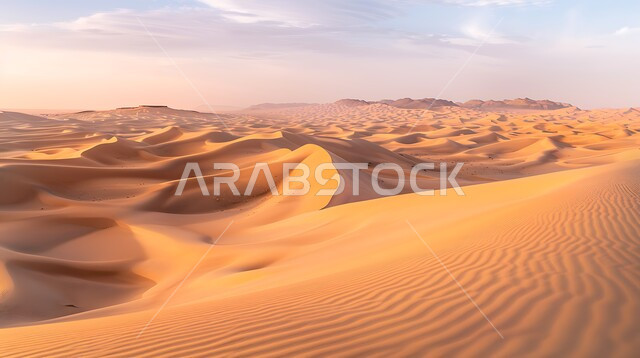 التكوينات والتشكلات الرملية في صحراء المملكة العربية السعودية، الهضاب و التلال من الرمال الناعمة في الربع الخالي، التضاريس و المرتفعات والقمم الجبلية في البراري، مناطق البادية والبيئة الطبيعية الصحراوية في النهار، خلفية الطبيعة