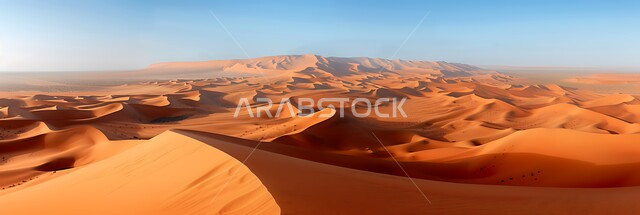 التكوينات والتشكلات الرملية في صحراء المملكة العربية السعودية، الهضاب و التلال من الرمال الناعمة في الربع الخالي، التضاريس و المرتفعات والقمم الجبلية في البراري، مناطق البادية والبيئة الطبيعية الصحراوية في النهار، خلفية الطبيعة