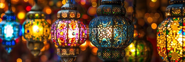 فوانيس عربية معدنية مزخرفة مضيئة، العادات والتقاليد العربية في زينة الأعياد والمناسبات الدينية، تحف وديكورات تقليدية للاحتفال بقدوم شهر رمضان المبارك، أجواء رمضانية وروحانية إسلامية