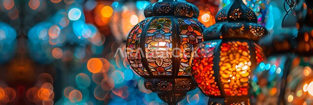 فوانيس عربية معدنية مزخرفة مضيئة، العادات والتقاليد العربية في زينة الأعياد والمناسبات الدينية، تحف وديكورات تقليدية للاحتفال بقدوم شهر رمضان المبارك، أجواء رمضانية وروحانية إسلامية