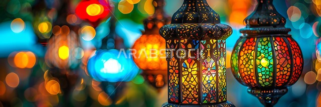 فوانيس عربية معدنية مزخرفة مضيئة، العادات والتقاليد العربية في زينة الأعياد والمناسبات الدينية، تحف وديكورات تقليدية للاحتفال بقدوم شهر رمضان المبارك، أجواء رمضانية وروحانية إسلامية