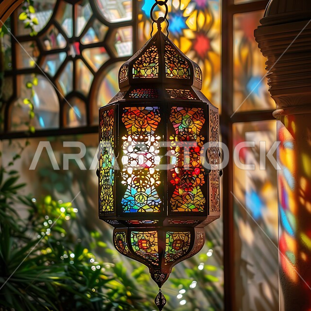أجواء رمضانية وروحانية إسلامية، فانوس عربي معدني مزخرف مضيء، العادات والتقاليد العربية في زينة الأعياد والمناسبات الدينية، فوانيس وتحف وديكورات تقليدية للاحتفال بقدوم شهر رمضان المبارك