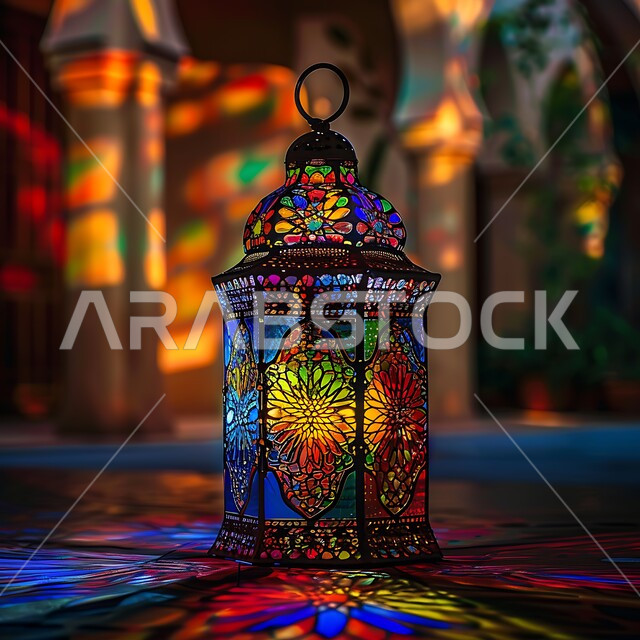 فوانيس وتحف وديكورات تقليدية للاحتفال بقدوم شهر رمضان المبارك، أجواء رمضانية وروحانية إسلامية، فانوس عربي معدني مزخرف مضيء، العادات والتقاليد العربية في زينة الأعياد والمناسبات الدينية