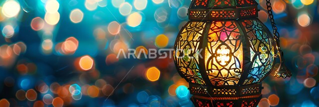 فوانيس وتحف وديكورات تقليدية للاحتفال بقدوم شهر رمضان المبارك، أجواء رمضانية وروحانية إسلامية، فانوس عربي معدني مزخرف مضيء، العادات والتقاليد العربية في زينة الأعياد والمناسبات الدينية