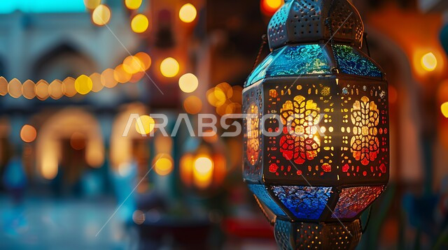 فوانيس وتحف وديكورات تقليدية للاحتفال بقدوم شهر رمضان المبارك، أجواء رمضانية وروحانية إسلامية، فانوس عربي معدني مزخرف مضيء، العادات والتقاليد العربية في زينة الأعياد والمناسبات الدينية