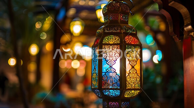 العادات والتقاليد العربية في زينة الأعياد والمناسبات الدينية,  فوانيس وتحف وديكورات تقليدية للاحتفال بقدوم شهر رمضان المبارك، أجواء رمضانية وروحانية إسلامية، فانوس عربي معدني مزخرف مضيء