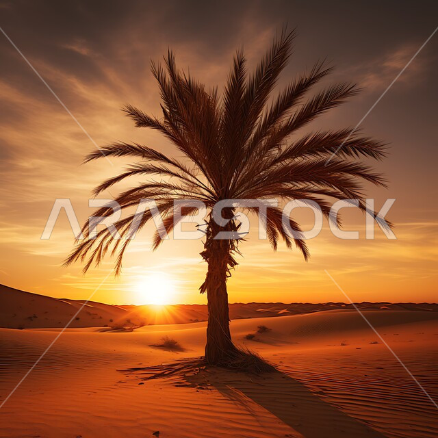 شجرة نخيل التمر والرطب وسط الرمال الذهبية الناعمة، منظر السماء والسحب اثناء غروب الشمس، المناطق البرية والبيئة الصحراوية في المملكة العربية السعودية، زراعة اشجار النخل والنباتات الخضراء في البادية، خلفية الطبيعة