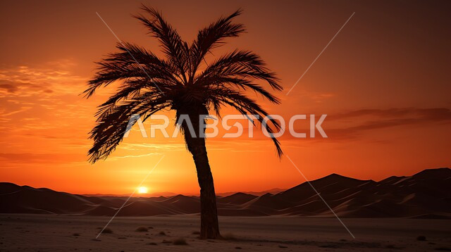 شجرة نخيل التمر والرطب وسط الرمال الذهبية الناعمة، منظر السماء والسحب اثناء غروب الشمس، المناطق البرية والبيئة الصحراوية في المملكة العربية السعودية، زراعة اشجار النخل والنباتات الخضراء في البادية، خلفية الطبيعة