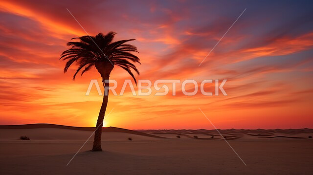 شجرة نخيل التمر والرطب وسط الرمال الذهبية الناعمة، منظر السماء والسحب اثناء غروب الشمس، المناطق البرية والبيئة الصحراوية في المملكة العربية السعودية، زراعة اشجار النخل والنباتات الخضراء في البادية، خلفية الطبيعة