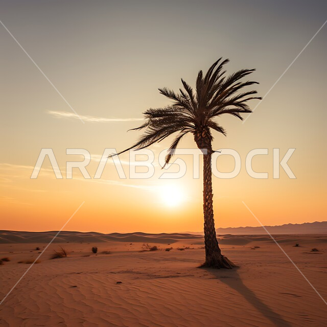 منظر السماء والسحب اثناء غروب الشمس، المناطق البرية والبيئة الصحراوية في المملكة العربية السعودية، زراعة اشجار النخل والنباتات الخضراء في البادية، شجرة نخيل التمر والرطب وسط الرمال الذهبية الناعمة، خلفية الطبيعة
