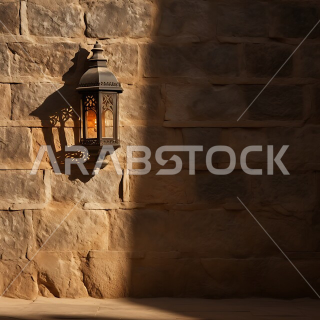  فانوس عربي معدني مزخرف مضيء معلق على جدار حجري، العادات والتقاليد العربية في زينة الأعياد والمناسبات الدينية, تحف وديكورات تقليدية للاحتفال بقدوم شهر رمضان المبارك، أجواء رمضانية وروحانية إسلامية