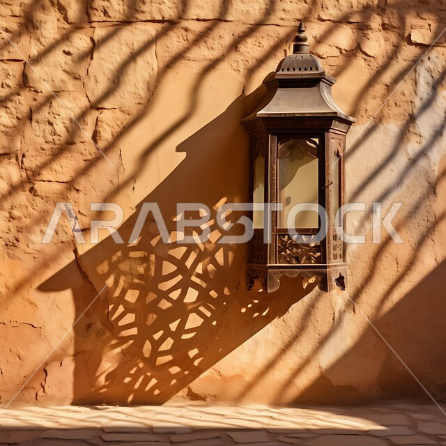 تحف وديكورات تقليدية للاحتفال بقدوم شهر رمضان المبارك، أجواء رمضانية وروحانية إسلامية، فانوس عربي معدني مزخرف مضيء معلق على جدار حجري، العادات والتقاليد العربية في زينة الأعياد والمناسبات الدينية